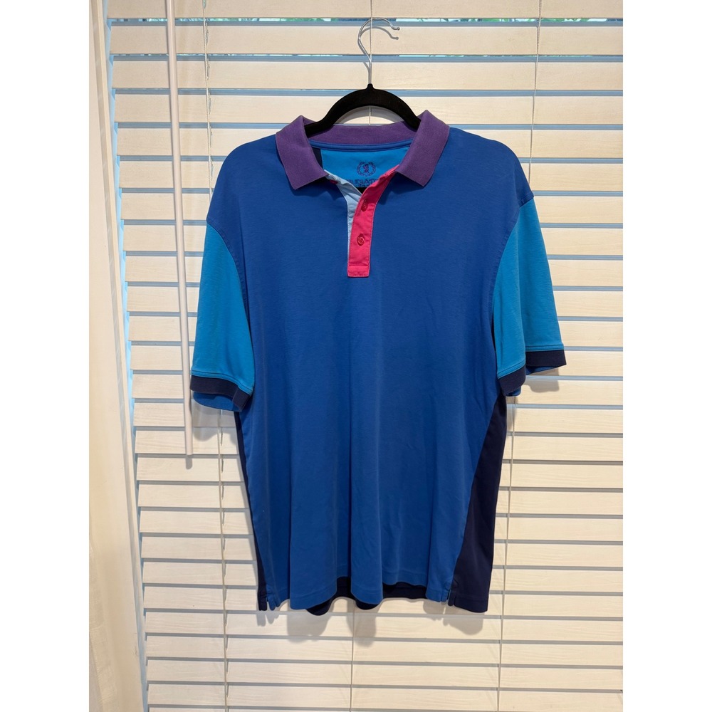 Bugatchi Uomo Mens Large Pima Cotton Colorblock Polo Shirt Blue Purple Pink L